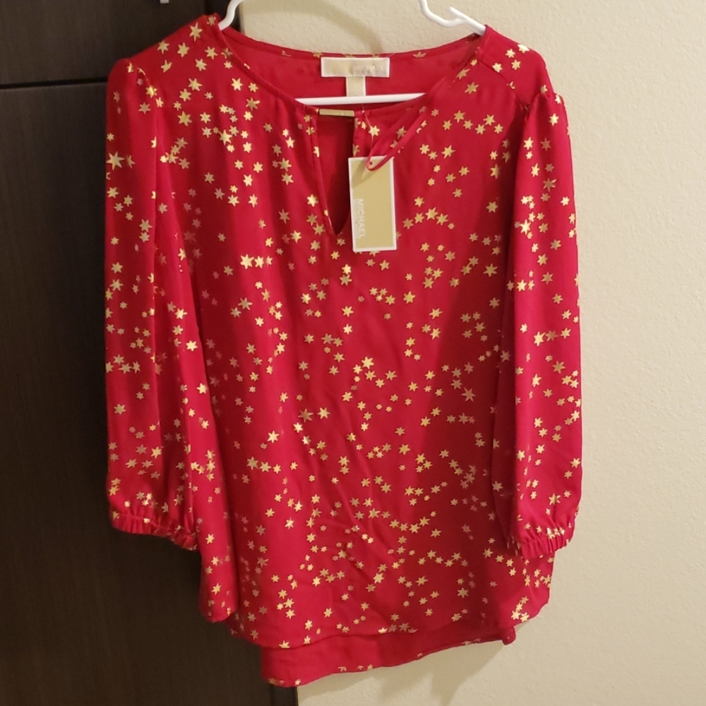 Michael Kors Large gold star print red pink blouse